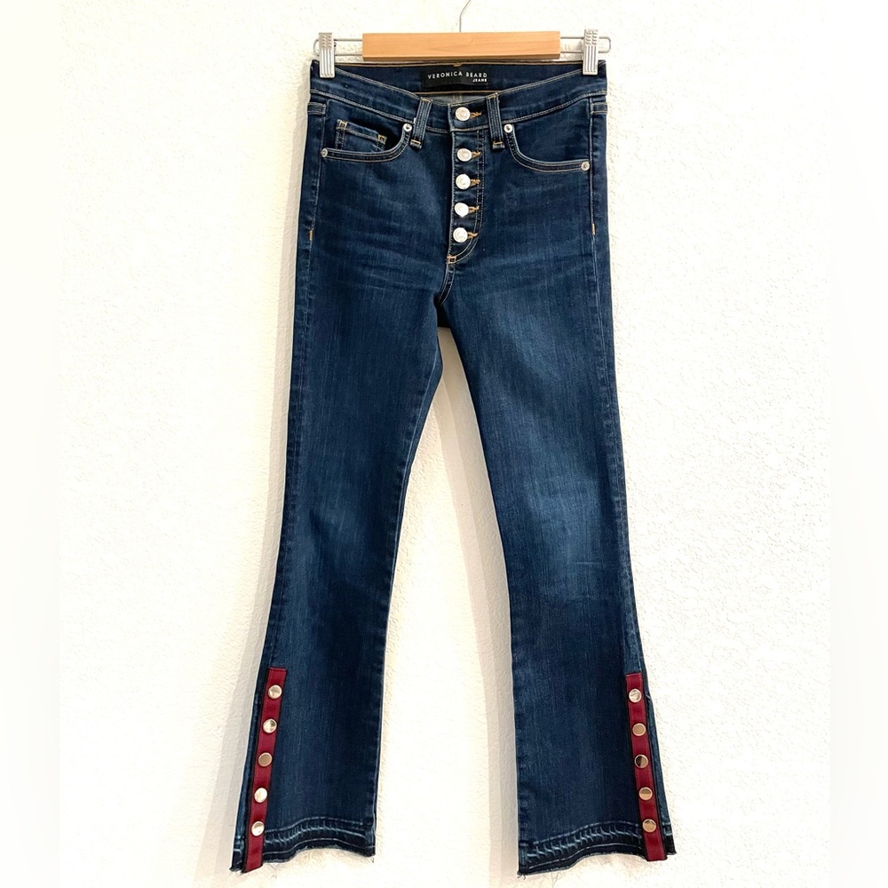 Veronica Beard Carolyn Baby Boot Side Vent Button Hem Flare Jeans Dark Sea - Picture 7 of 11